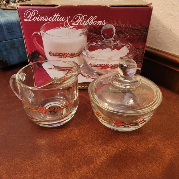 3 Pc Anchor Hocking Holiday Sugar & Creamer Set Poinsettia and Ribbon Design - Picture 3 of 10